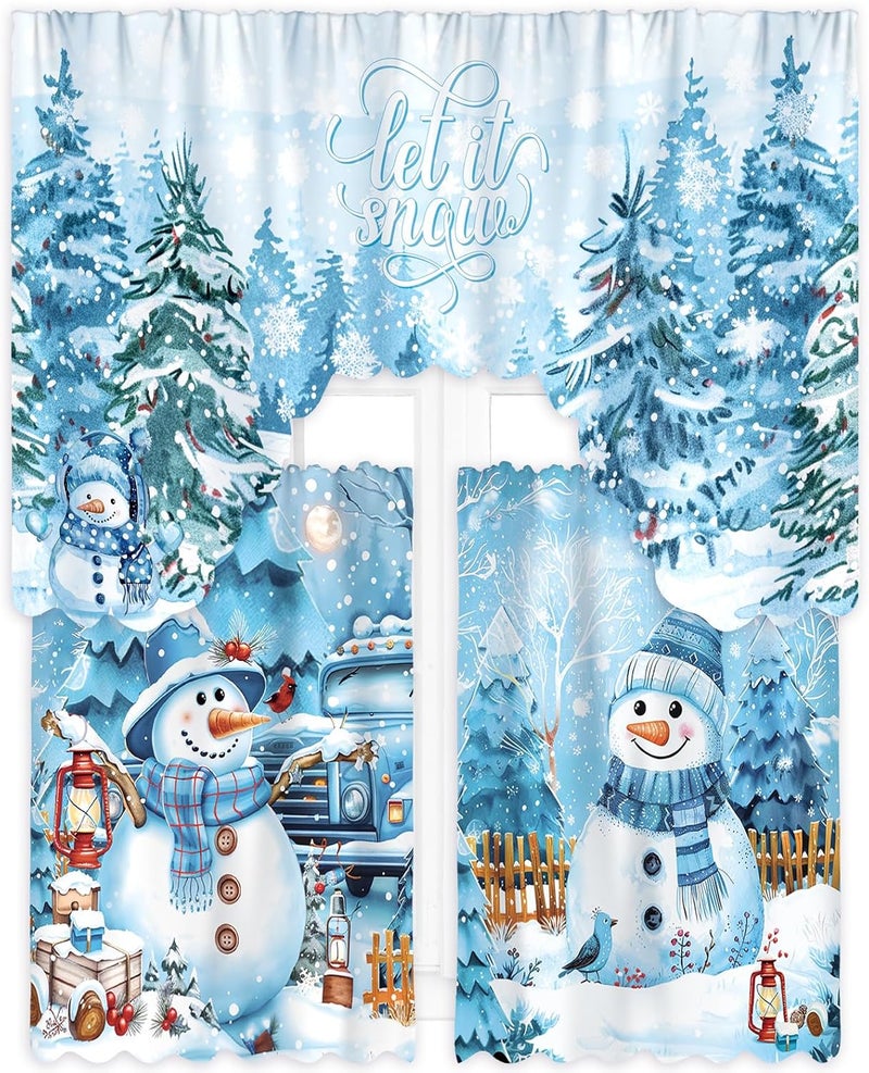 FuWeave Christmas Kitchen Curtains 3 Piece Set Blue Snowman Window Curtains and Valance Set Xmas Curtain Swag for Kitchen Bedroom Living Room Decor, 60 x 36 Valance, 36 x 30 Tier - Image 1